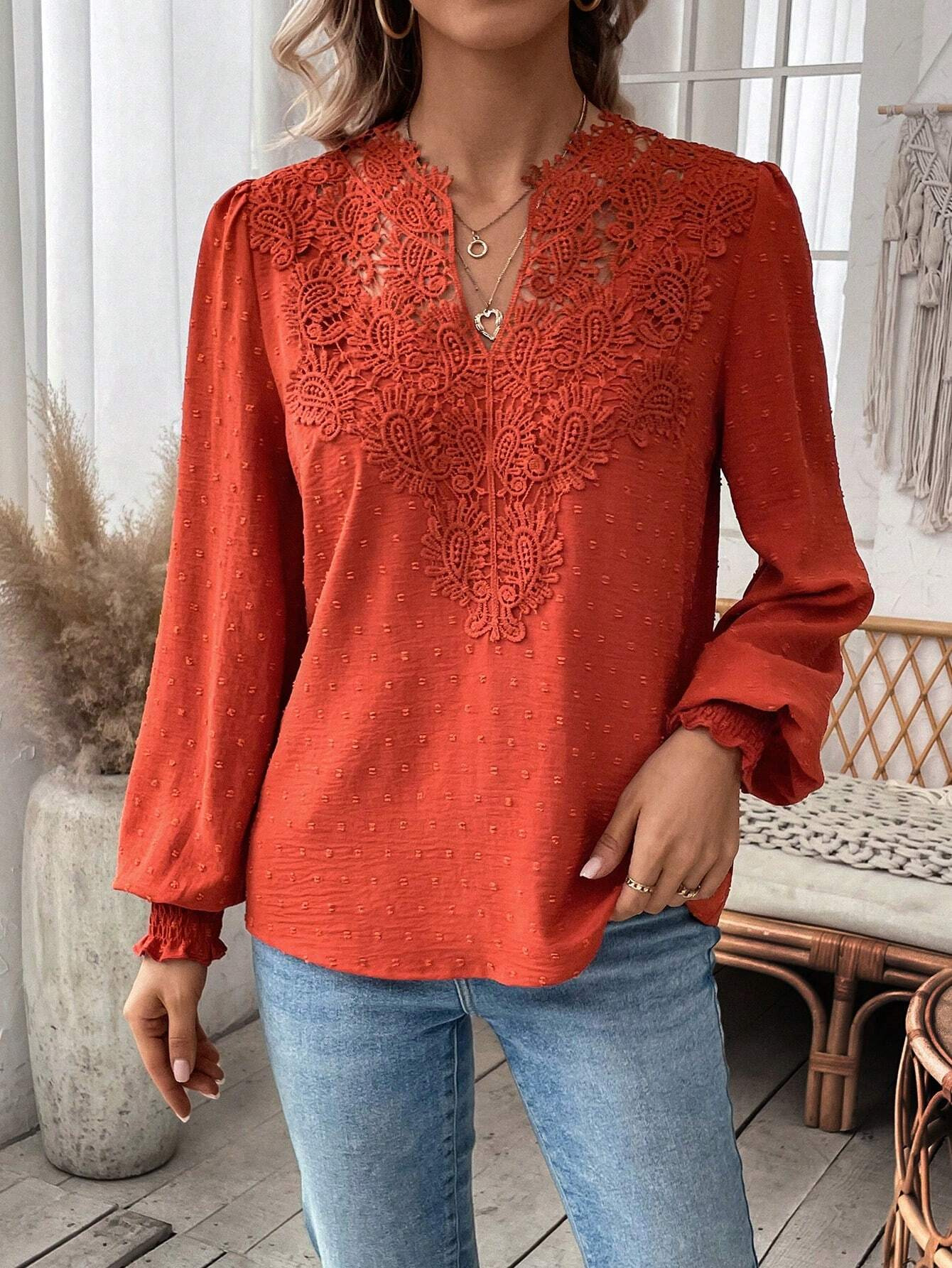 The new autumn and winter fashion V-neck lace solid color long-sleeved casual T-shirt for women on Amazon Cross-border in Europe and America in 2024 pic 11