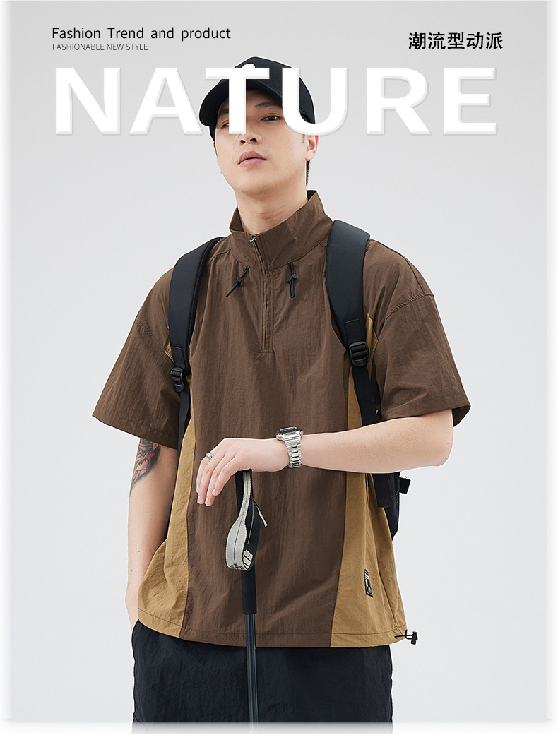 美式工装短袖t恤男士夏季大码潮牌立领拉链体恤半袖男详情2