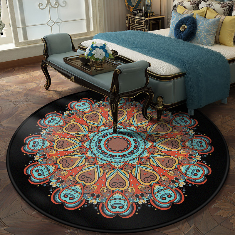 Cross-border ethnic wind round floor mat alfombra cristal de peluche mandala estampada mesa de centro cesta colgante sala de estar hogar pic 8