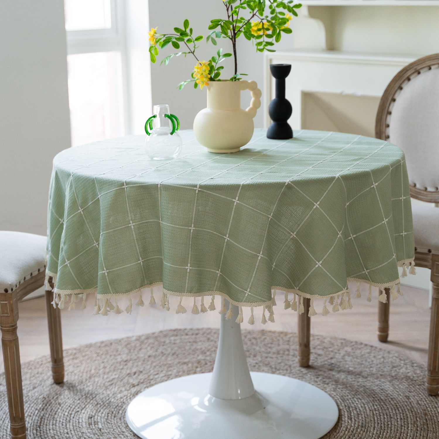 Cross-border TEMU Xiyin round table cloth, Japanese cream white tassel tablecloth, table cloth, cover cloth, Amazon factory wholesale pic 1