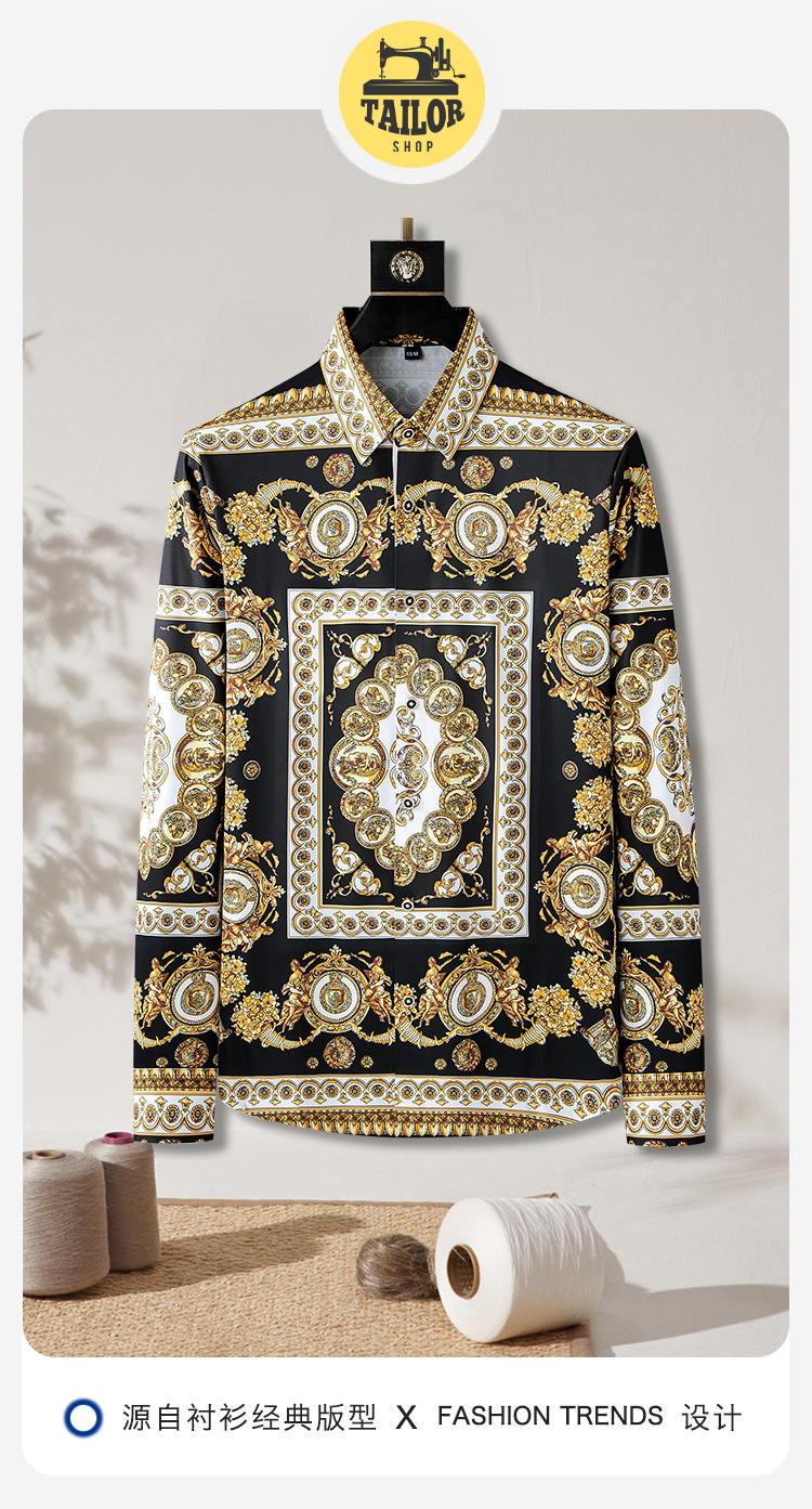 春夏季男式衬衫免烫透气衬衣港风印花长袖男宽松花衬衫男装设计感详情3