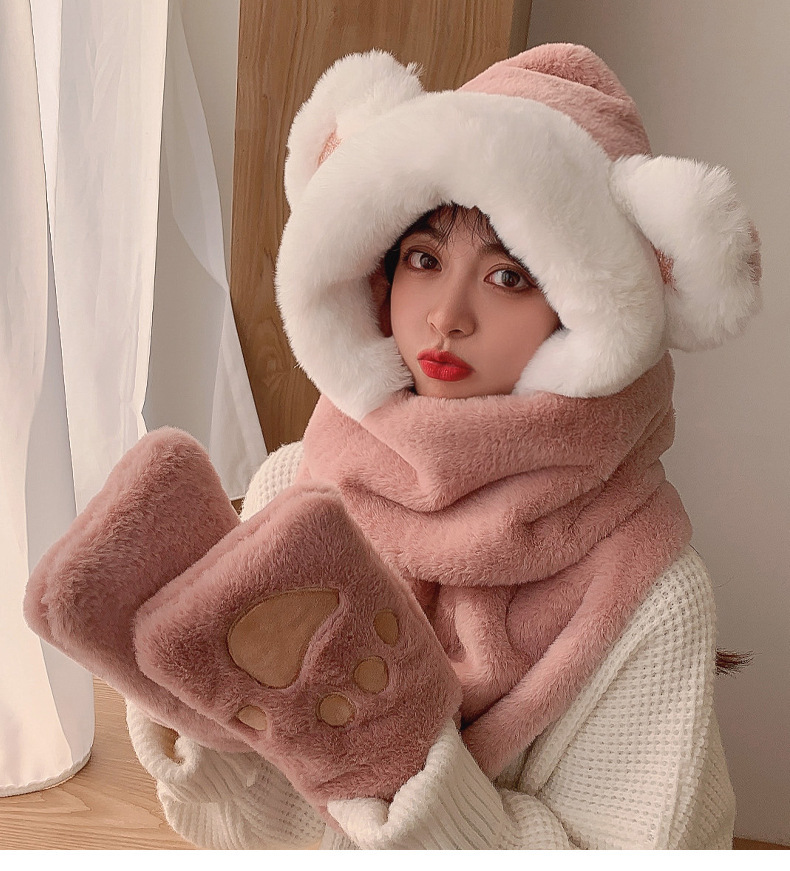 Otoño-invierno nuevo gato orejas lentejuelas peluche gorro más peludo y engrosado al aire libre caliente pie pie multifuncional conjunto de tres piezas pic 11