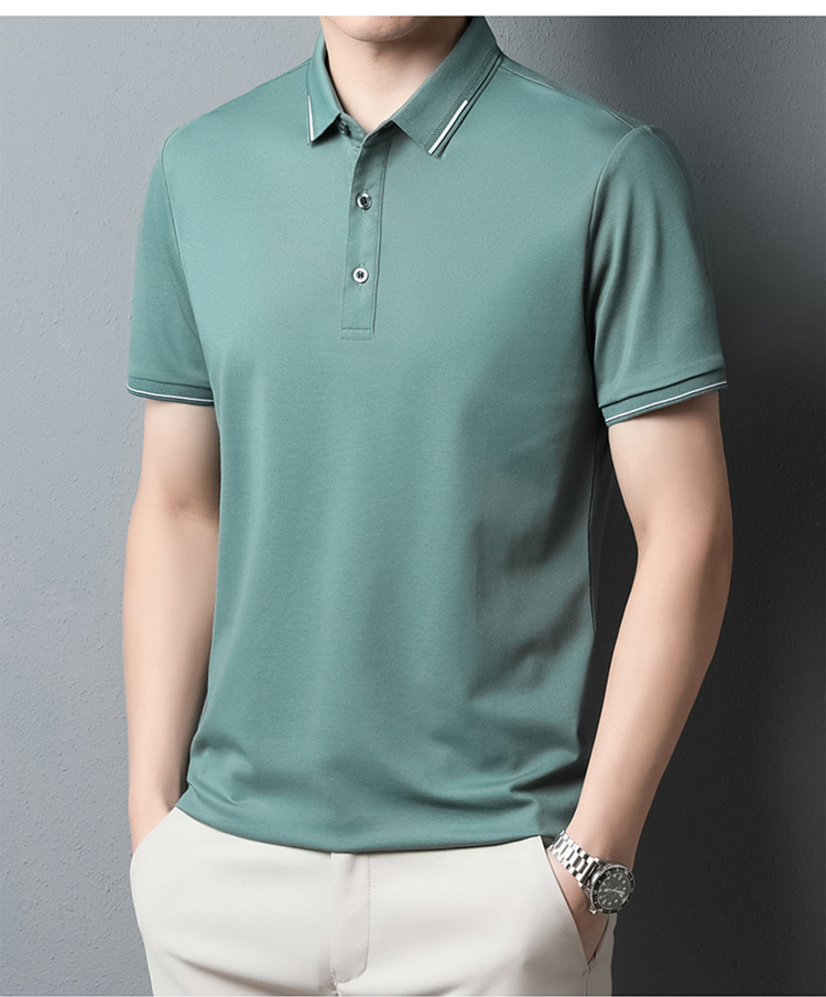 纯色桑蚕丝男士短袖t恤外贸夏季2023新款潮流高级感男装翻领上衣详情23