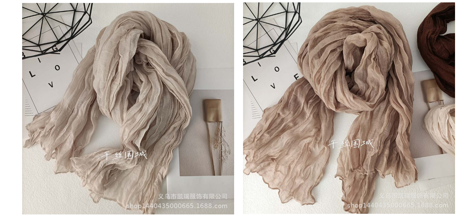 纯色棉麻围巾复古秋冬新款褶皱绿色复古薄长条披肩男女士保暖丝巾详情6