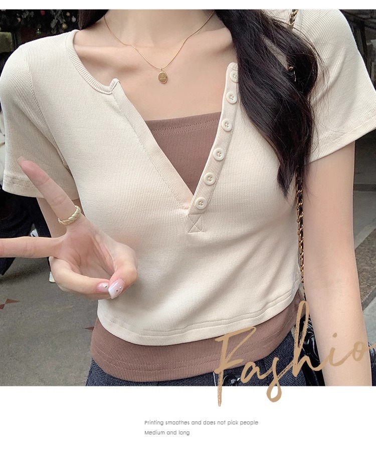 Pink V-neck off-the-shoulder T-shirt for women, short sleeve, new spring and summer style, two-piece design, slim and short, pure and sensual pic 20