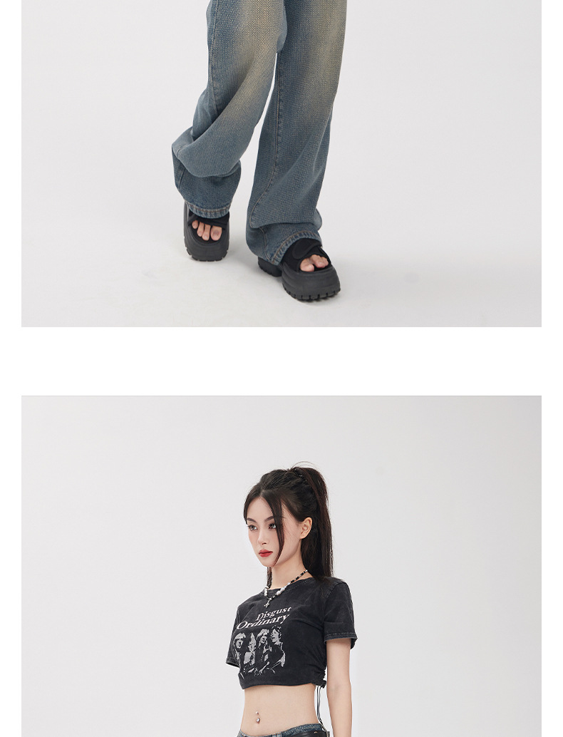 HEY+JEANS星空纹怀旧蓝牛仔裤女2023新款高腰宽松显瘦拼接阔腿裤详情12