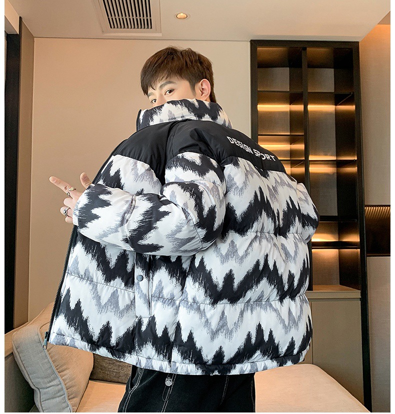 Winter fabric, snow-capped mountain pattern embroidered stand-up collar cotton jacket, couple style, thickened men's cotton jacket pic 15