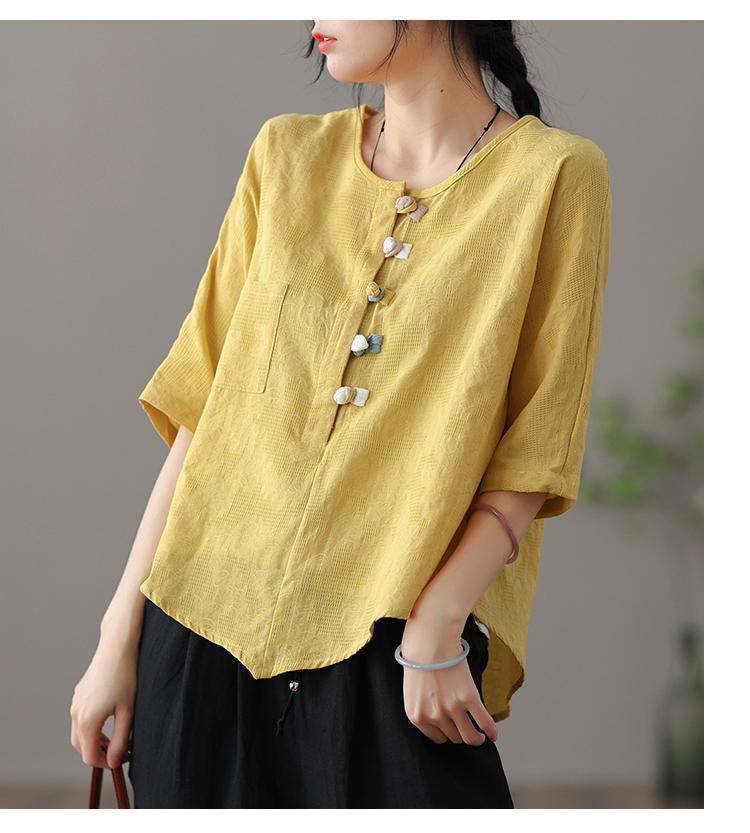 复古薄款盘扣防亚麻上衣女士夏季短袖不规则白色T恤打底棉麻衬衣详情14