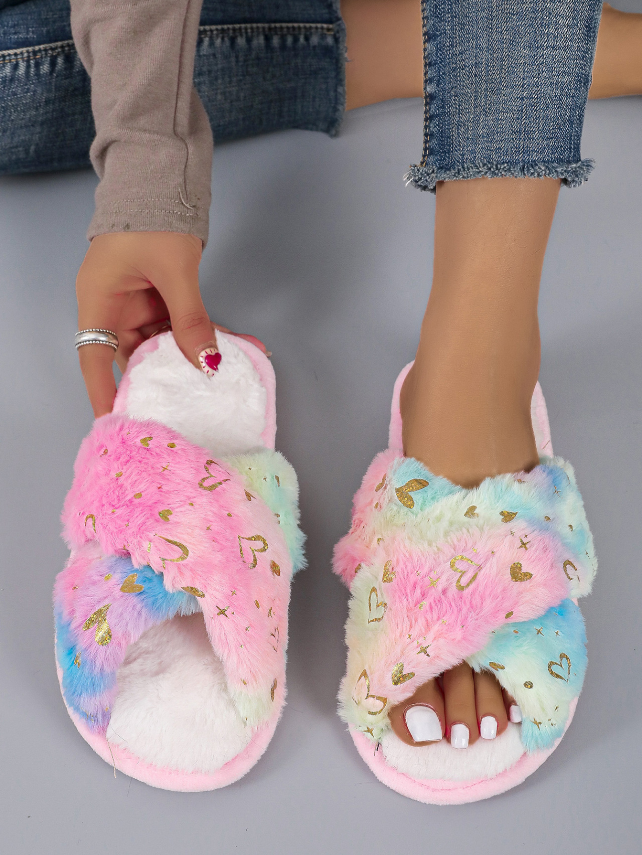 亚马逊交叉彩色毛毛绒拖鞋2024秋冬新款室内保暖棉鞋漏趾毛毛拖鞋详情8