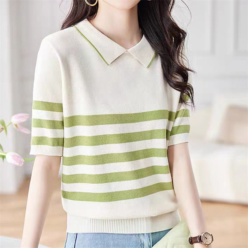 Color-blocking striped short-sleeved knitted sweater, summer Korean-style simple commuting ice silk top, pullover, base layer, lapel T-shirt for women pic 1