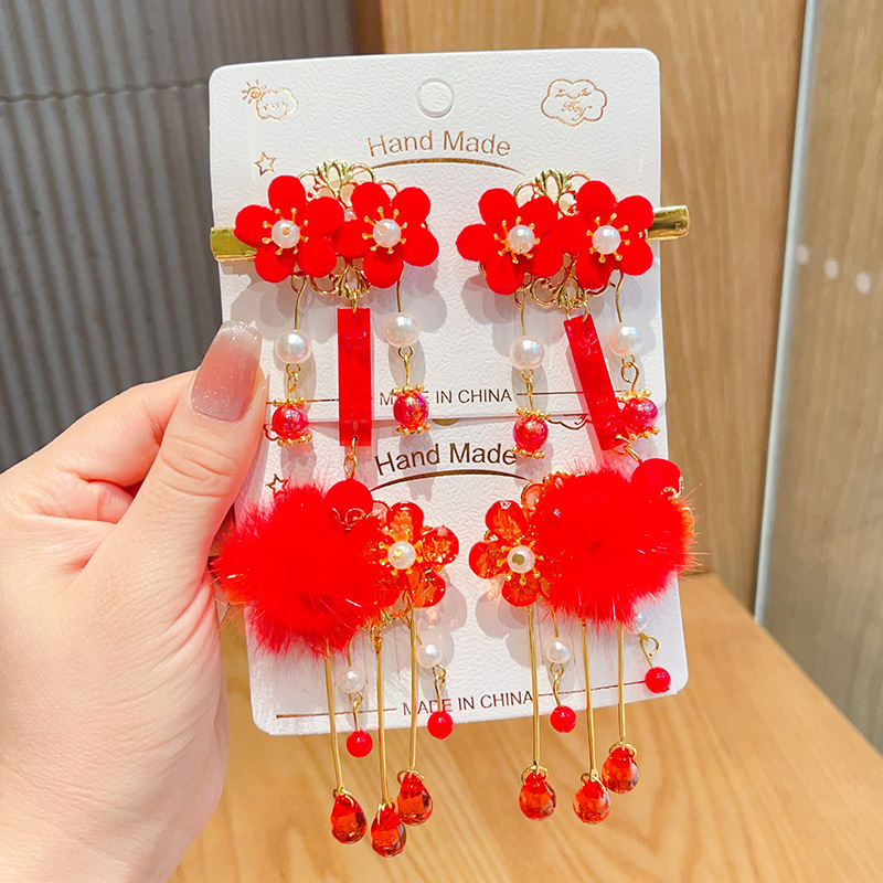 新年款红色古风流苏发夹儿童汉服发卡头饰女童复古蝴蝶结发夹发饰详情36