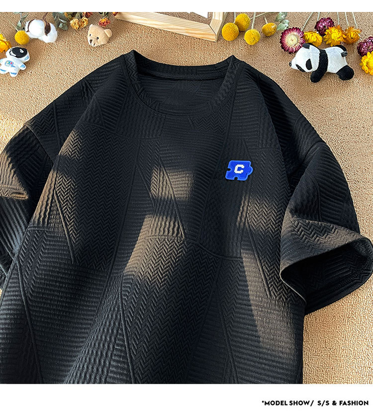 控48 夏港风重磅高克重圆领短袖华夫格男T恤休闲百搭小清晰详情10