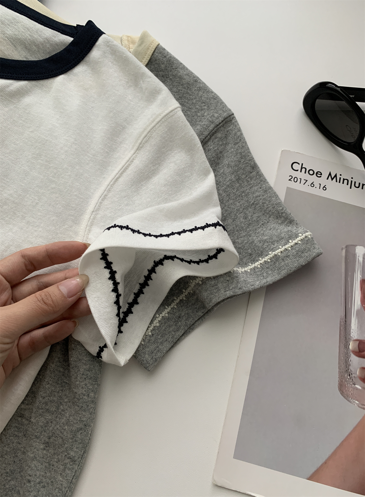 Summer thin, breathable snowflake cotton letter-shaped T-shirt for women, color-blocking round-neck lace embroidered loose short-sleeved top pic 6