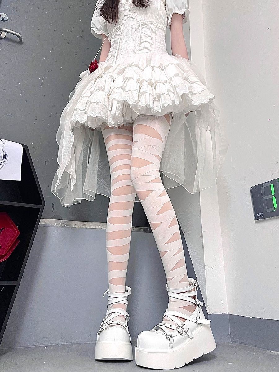lolita交叉绑带白丝袜女夏季薄款纯欲黑丝性感朋克辣妹条纹连裤袜详情8