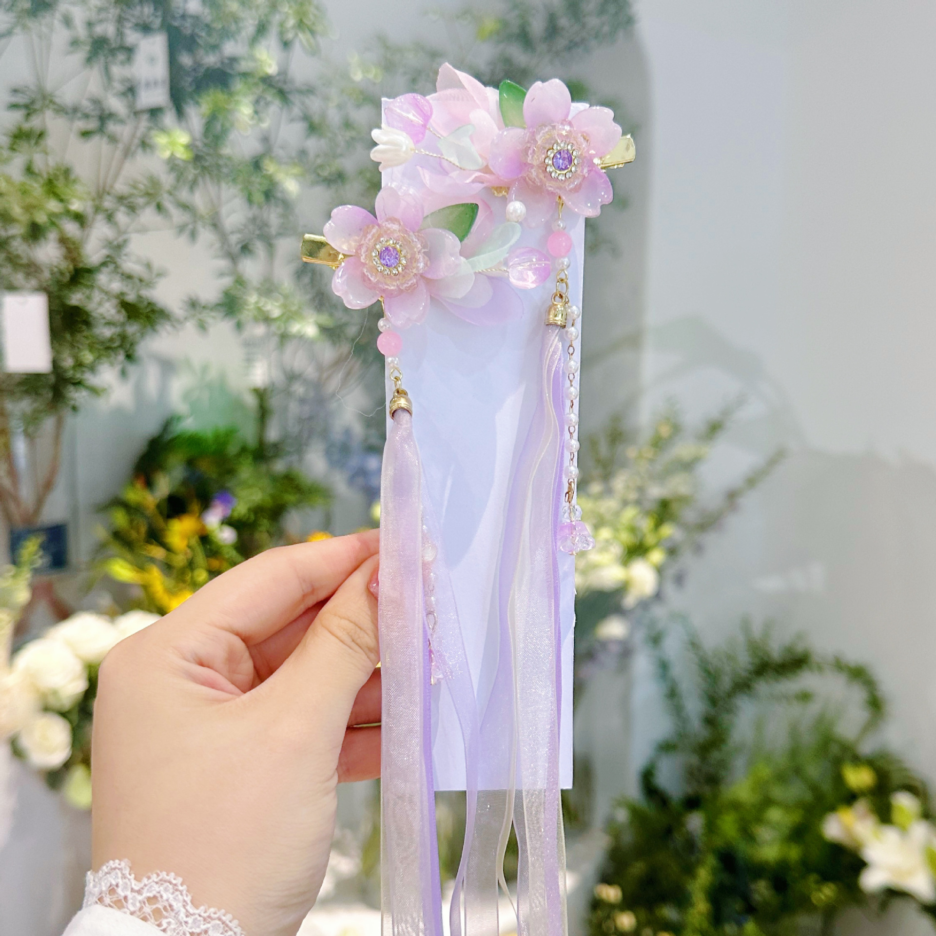 儿童发夹 国潮系列中国风花朵飘带汉服夹 精致水钻蝴蝶结古风女童儿童发饰详情7