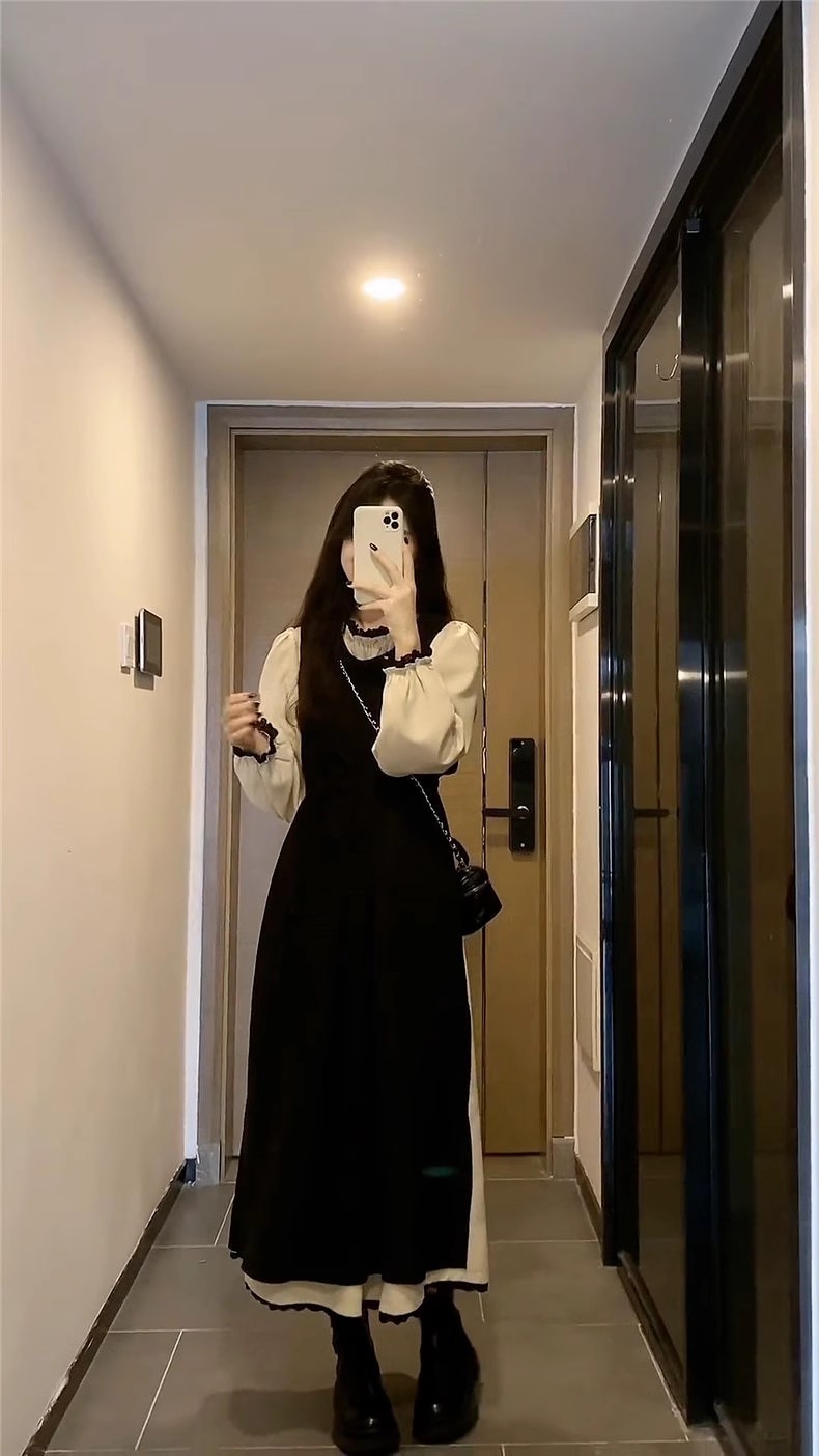 法式温柔气质黑色长袖连衣裙子女春季2024新款高级感拼接显瘦长裙详情9