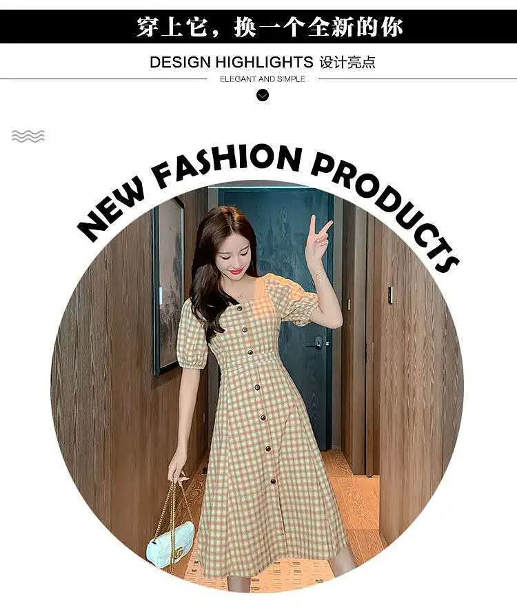 This 2022 summer new square-neck checkered puffed sleeve French retro knee-length dress is elegant, fashionable, waist-cinching and slimming pic 3