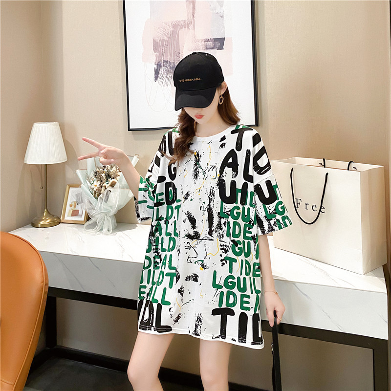 Mid-length short-sleeved T-shirt for women, 2021 new summer Instagram trendy Korean style loose large-sized student graffiti top pic 4