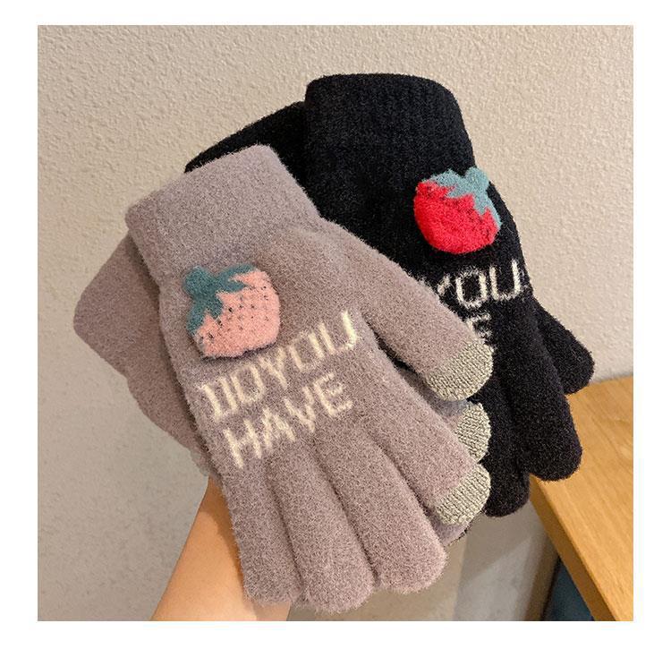 Sweet strawberry couple gloves in Japanese and Korean style, ins style plush touch screen knitted warm gloves with fleece finger separation gloves pic 6