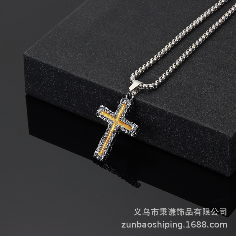 新款跨境欧美满钻十字架项链男女吊坠嘻哈潮流个性钛钢毛衣链饰品详情9