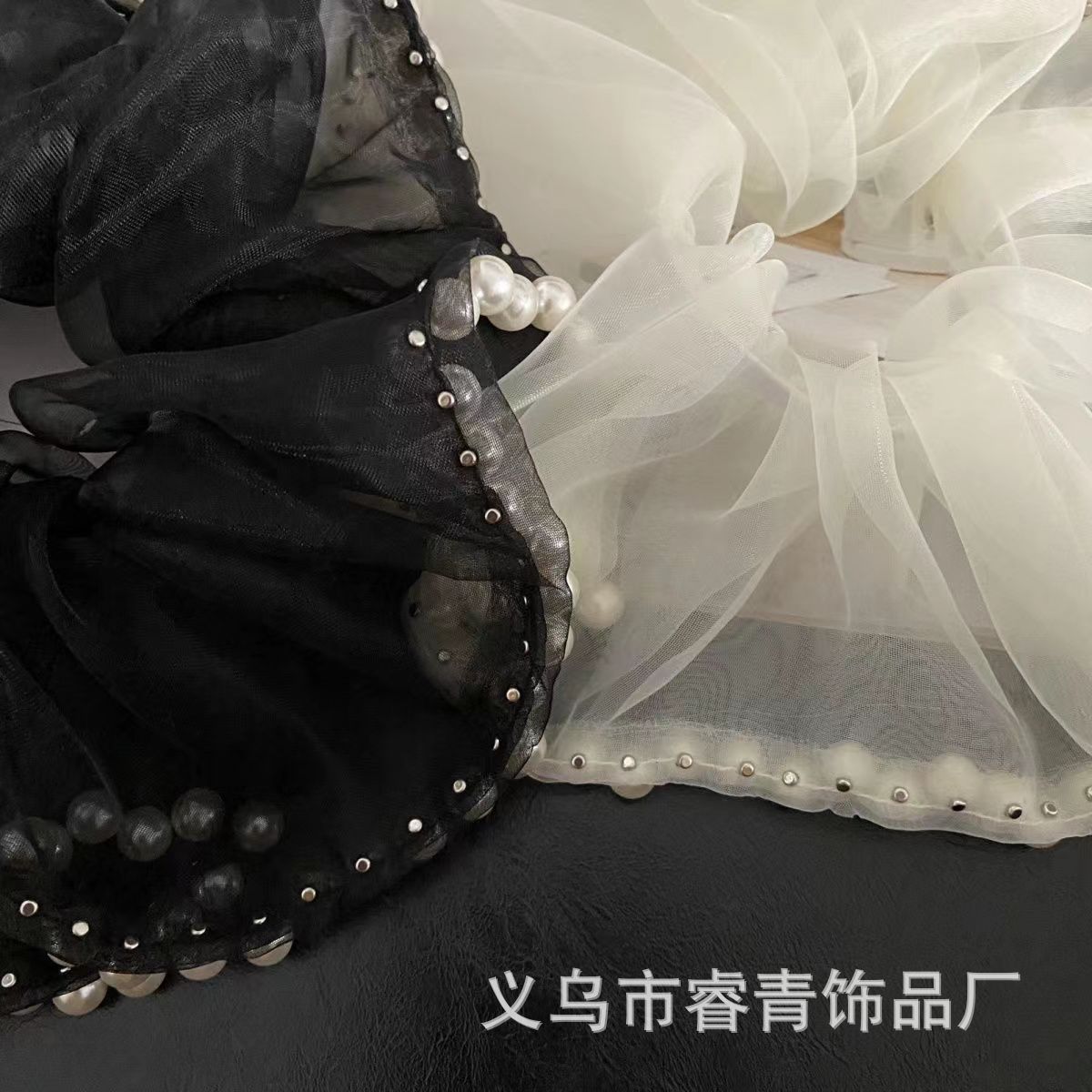 法式优雅高颜值珍珠发圈超大网纱百搭大肠发圈欧根纱钉珠皮筋爆款详情5