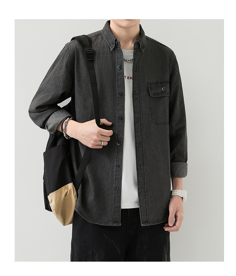 男装薄款牛仔长袖衬衫男2023春秋韩版潮流休闲纯色工装衬衣外套男详情18