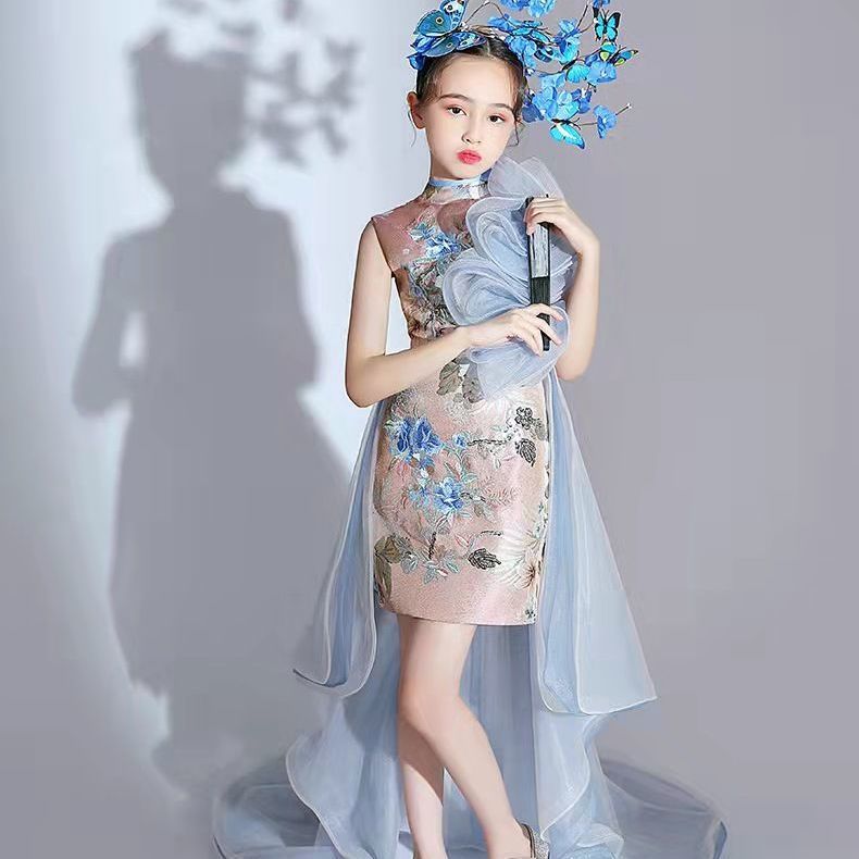 女童旗袍国潮改良夏季主持人儿童模特走秀T台潮装演出服国风礼服详情3