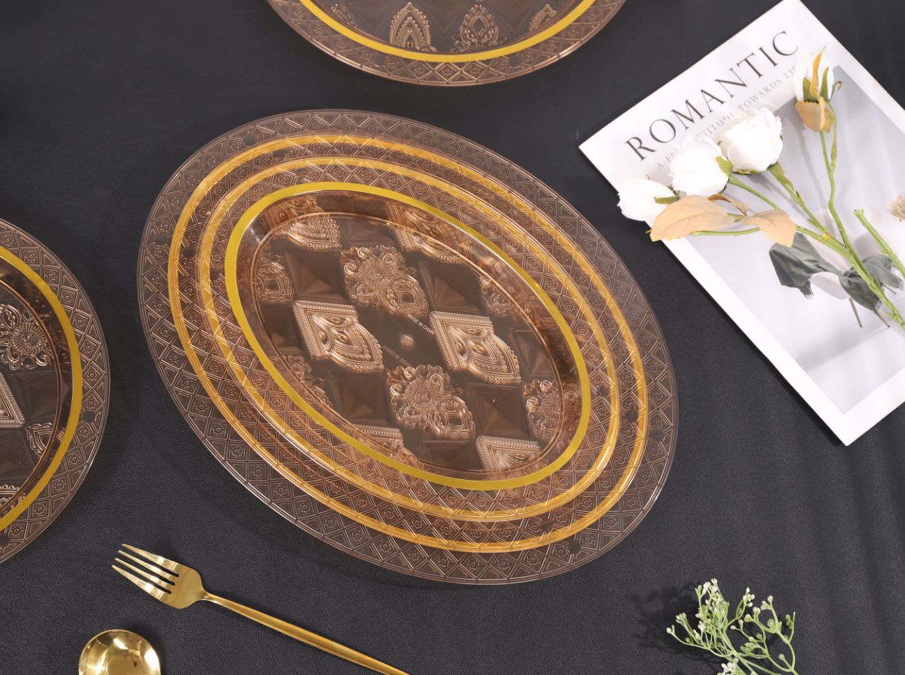Amber transparent tray, round dining tea tray, coffee table, cups, tea cups and water cups, home living room dinner plate set pic 5