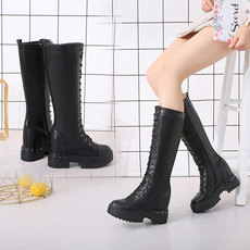 皮面长筒靴女2021秋冬新款厚底马丁靴女休闲女式皮靴子内增高女鞋详情3