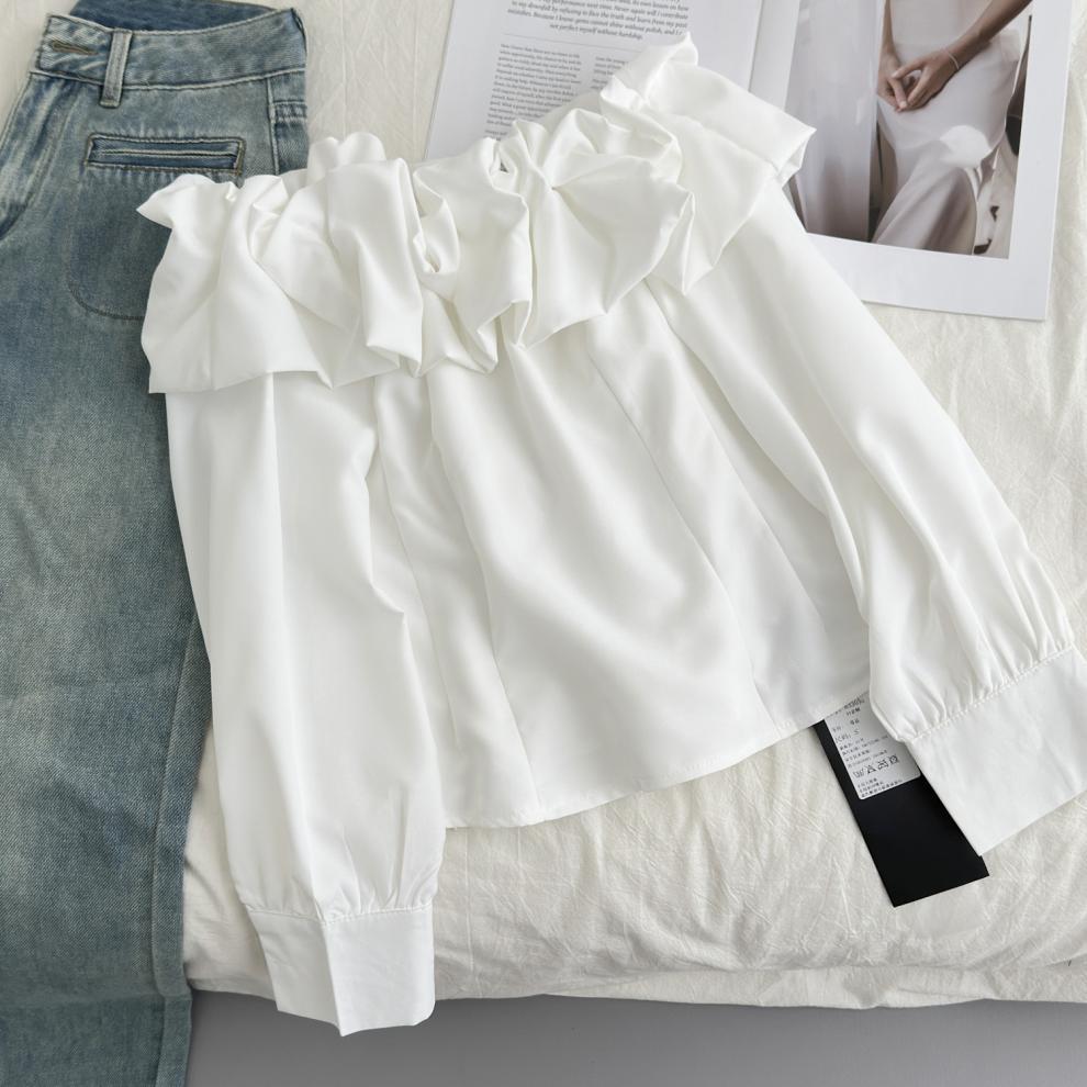 一见钟情 白色花苞领一字肩衬衫上衣女春秋季长袖衬衣详情14