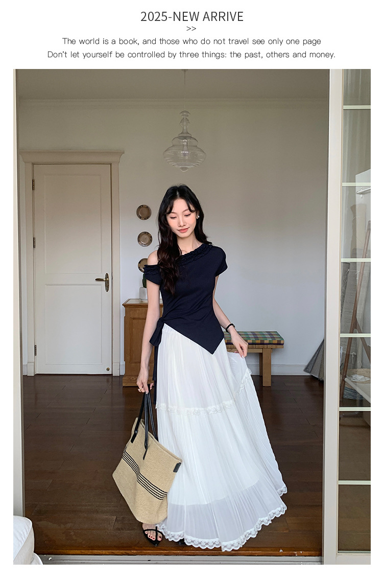 爱西里2025夏季减龄甜美拼木耳花边斜肩下摆不规则短袖T恤女13835详情19