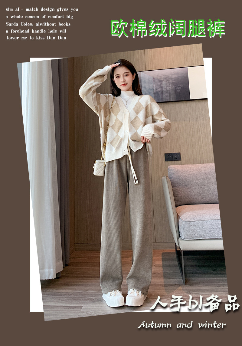 秋冬新款欧棉绒阔腿裤女高腰显瘦宽松抽绳百搭直筒垂感口袋休闲裤详情1