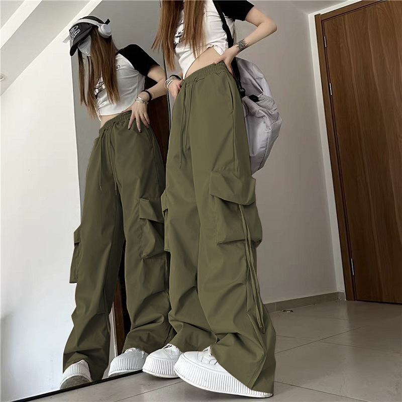 美式复古小众工装裤女立体口袋高腰直筒阔腿飘带宽松休闲拖地长裤详情21