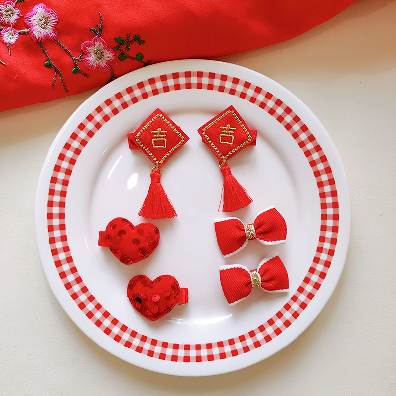 Factory wholesale baby hair clips, New Year red Hanfu birthday hair accessories, baby tassels, bows, New Year small clips pic 4