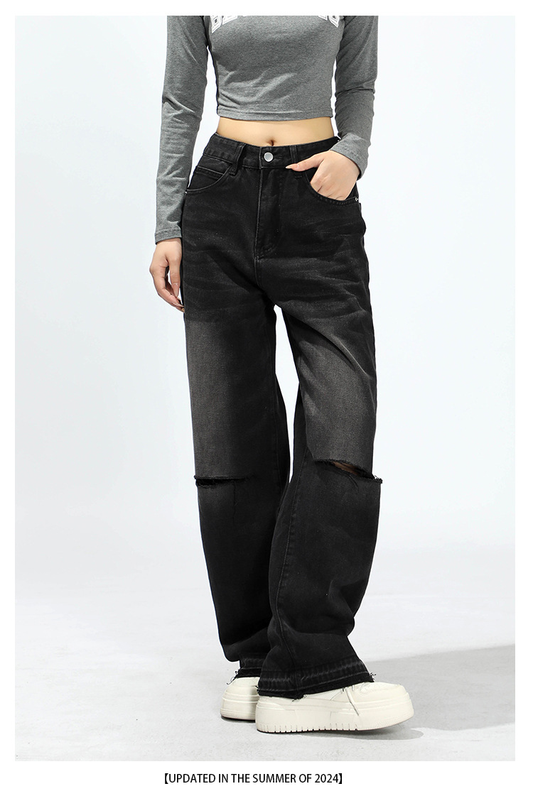 秋冬牛仔裤男美式复古水洗做旧宽松显瘦高腰直筒破洞阔腿拖地裤详情8