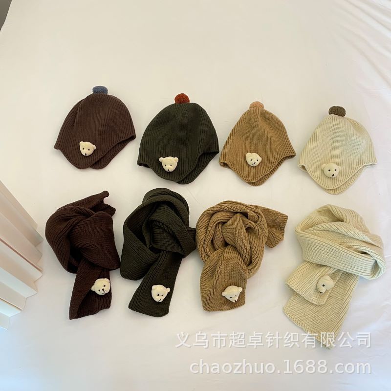 Invierno caliente INS viento niños osos cute protectores de oídos gorro bufanda set pic 1