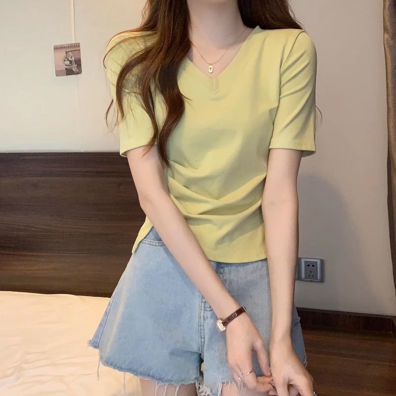 美式不规则V领棉质短袖T恤女纯色洋气小衫夏装显瘦正肩上衣详情4