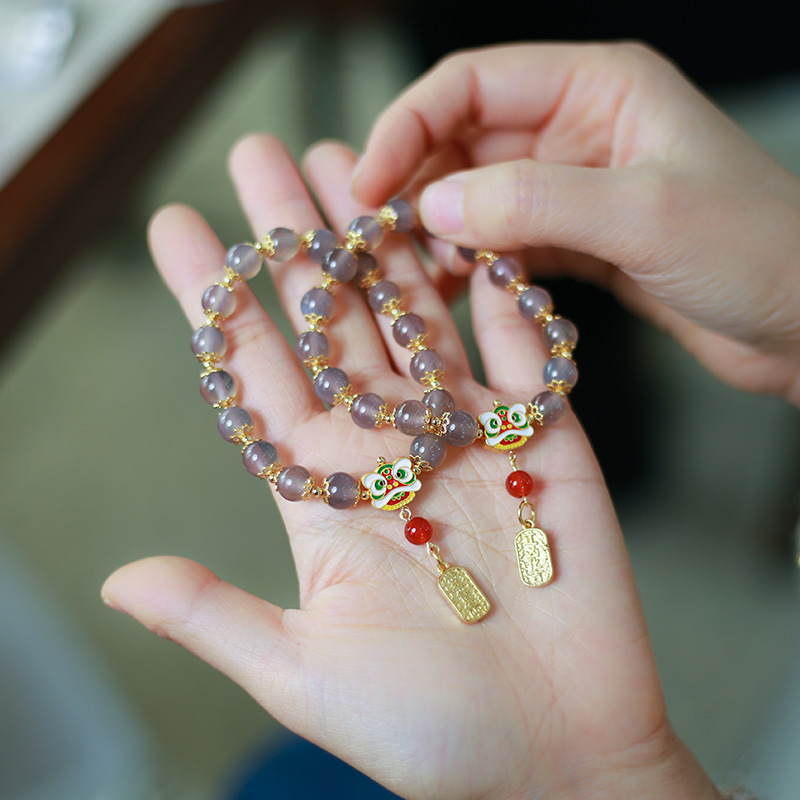 2022 Natural Smoky purple agate tassel Bracelet, small lion dance, Wealth Luck, National Trend and Ethnic Style Jewelry Gift pic 7