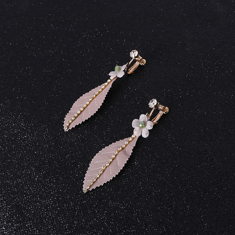 New creative rose-pink color, diamond-encrusted crystal, cute flower and leaf ear clips, handcrafted head accessory pic 3