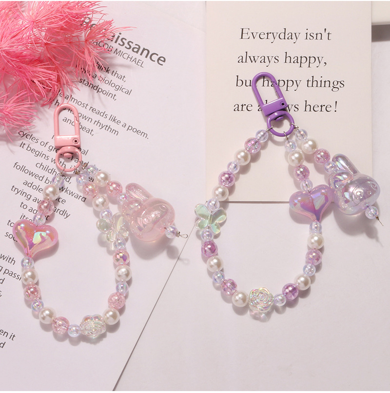 New translucent rabbit figurine keychain pendant, cute glitter pink heart burst bead chain accessory, headphone case decoration pic 6