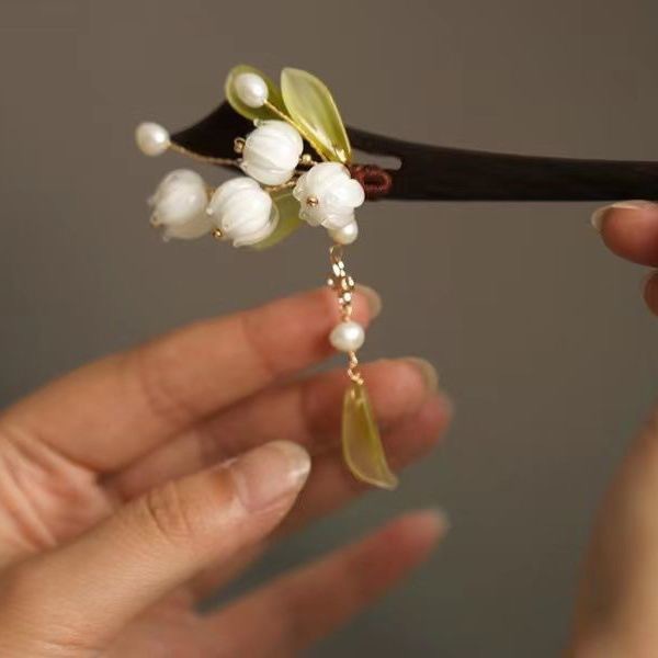 国风国潮古风铃兰花流苏发簪后脑勺盘发簪子汉服步摇气质旗袍发钗头饰发饰详情4