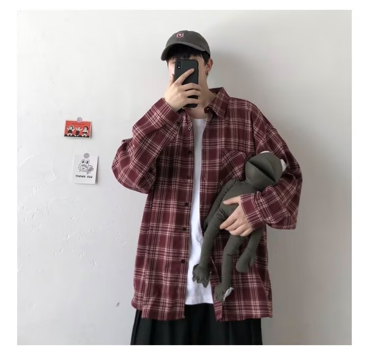 美式春秋季日系长袖格子衬衫男士韩版潮流ins网红休闲款衬衣外套详情6
