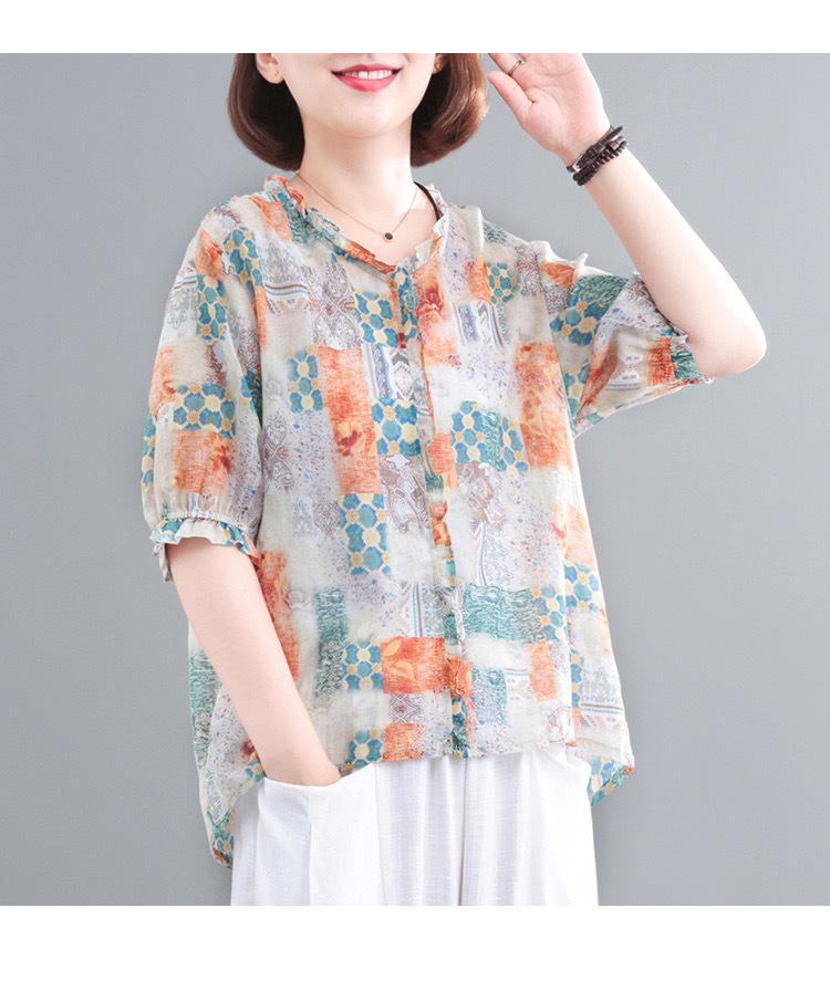 2023春夏新款韩版时尚气质大码1减龄印花复古洋气棉麻短袖T恤女装详情11