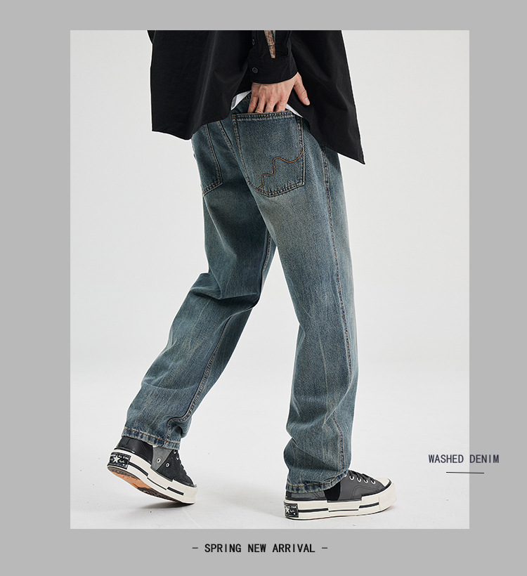 2024春夏新款牛仔裤经典慵懒蓝色宽松直筒版型牛仔裤男学生牛仔裤详情9