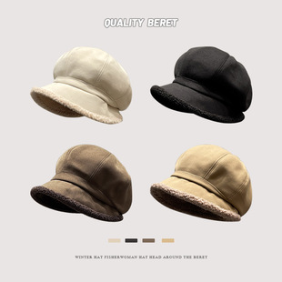 帽子女秋冬日系网红百搭加绒加厚渔夫帽宽檐保暖卷边盆帽详情2