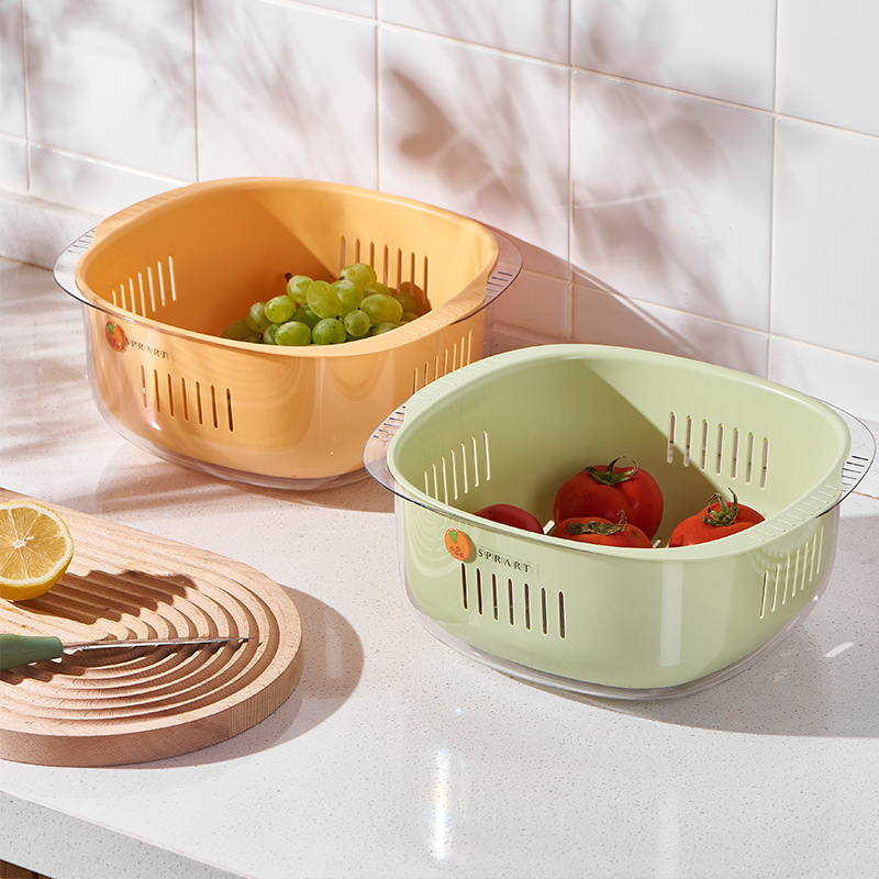 Double-layer draining basket, plastic vegetable washing basket, multi-functional kitchen and living room fruit and vegetable basket pic 1