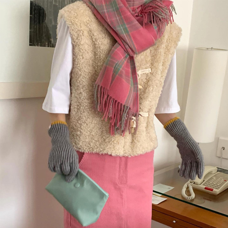 Korean style pink checkered scarf imitating cashmere winter purple scarf 2022 autumn and winter new style widened scarf shawl pic 19