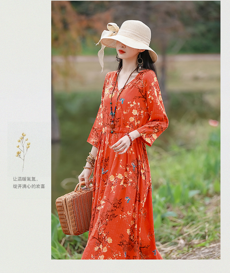 2024夏季新款中年妈妈复古文艺印花棉麻收腰连衣裙宽松大摆长裙女详情34