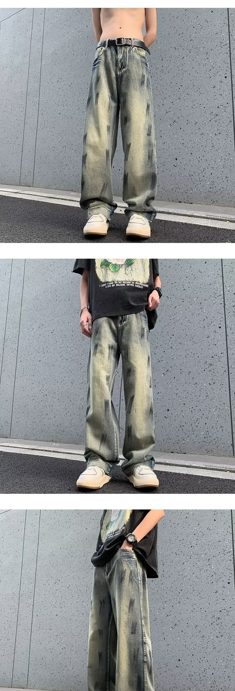 2024复古休闲做旧牛仔裤学生时尚百搭款垂感宽松阔腿拖地牛仔裤男详情13