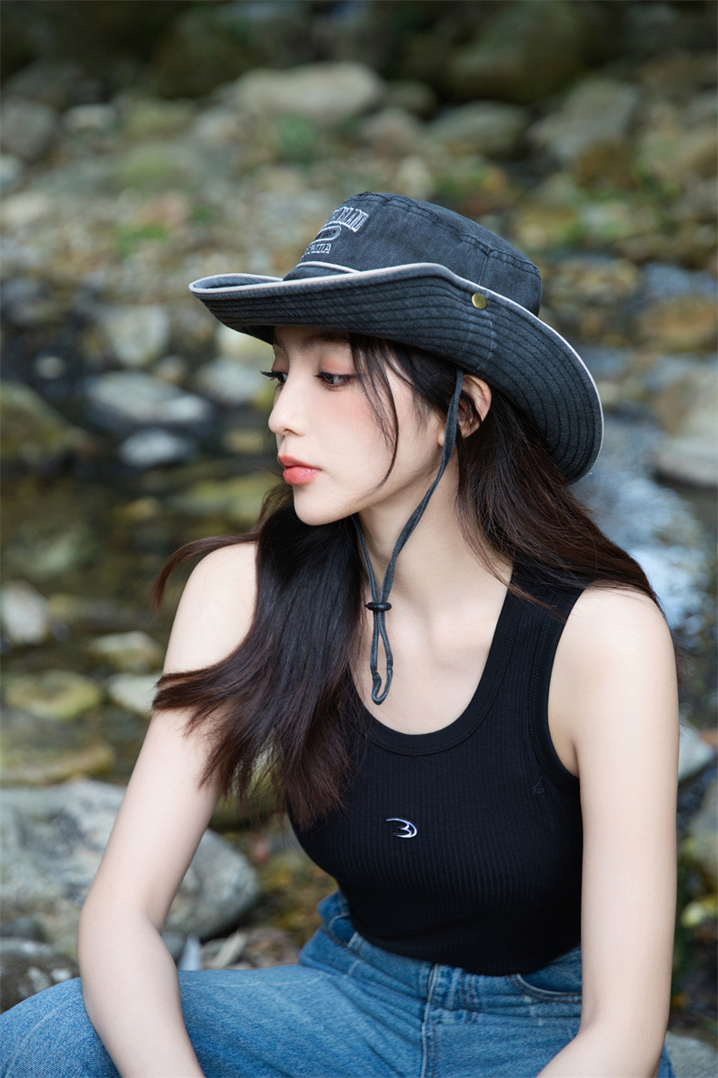 户外字母渔夫帽子女士春夏季水洗棉奔尼登山帽大沿防晒遮阳帽批发详情7